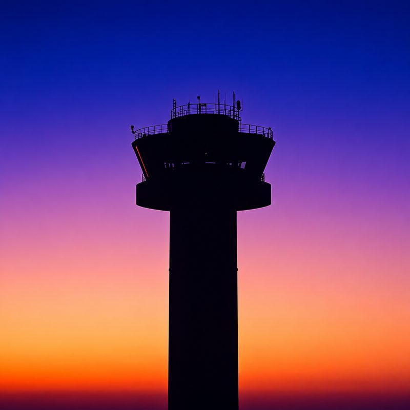 Control tower silhouetted at sunset