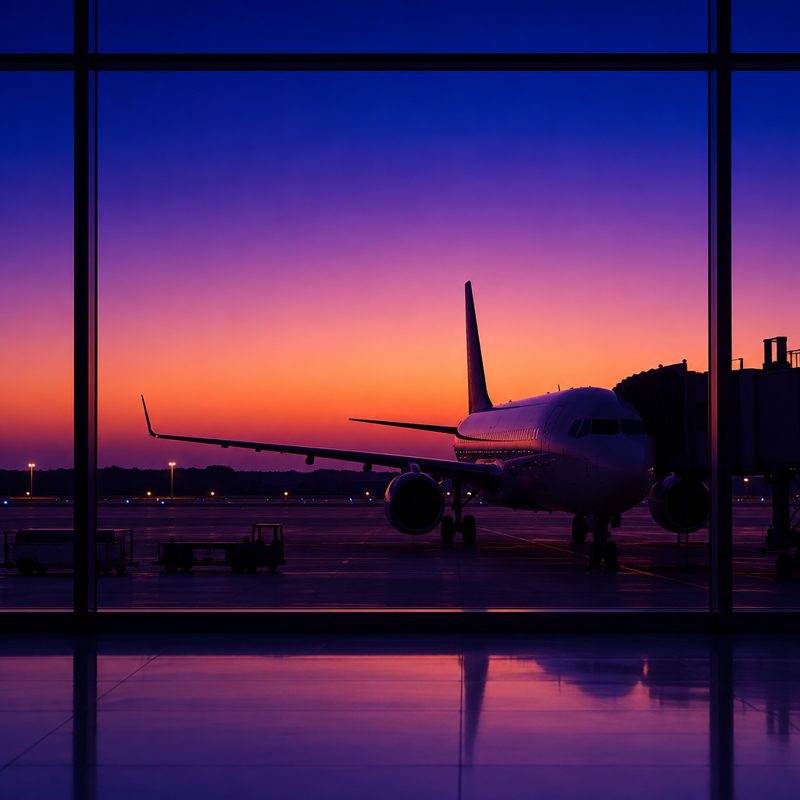 A plane at the gate seen through the terminal window at dusk